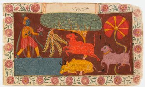 Krishna en koeien bij een vijver, uit een Bhagavata Purana