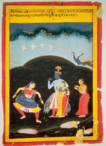 Krishna en Radha in de regen met twee muzikanten, Rajasthan