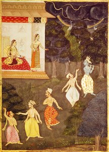 Krishna die de fluit speelt gevolgd door vier dansers, Rajasthan door Indian School