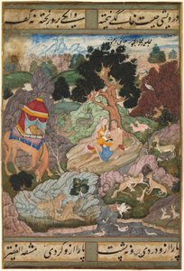 Layla en Majnun in de wildernis met dieren, uit een Khamsa (Quintet) van Amir Khusrau Dihlavi, ca. 1590-1600 door Indian School