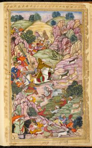 De keizer Babour op jacht, tussen Ali Shang en Alangar, in de regio van Kabul (Afghanistan). Miniatuur uit het Perzische manuscript Vaqi at i Baburi, memoires van de Mogolkeizer Babour (Zahir ud din Muhammad) (1483-1530), India, rond 1590. The British Libr door Indian School