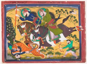 Maharaja Ram Singh jaagt op een tijger, tweede kwart van de 19e eeuw