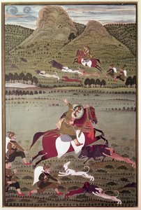 Maharana Jawan Singh (reg.1828-38) van Mewar op wilde zwijnenjacht, Udaipur door Indian School