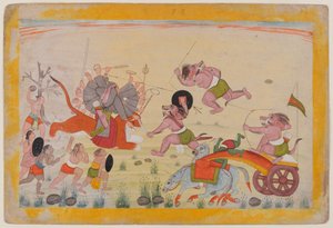 Mahasura valt de Devi aan, folio uit een verspreide Devi Mahatmya-serie