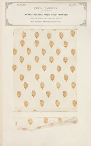 Mousselinemonster bedrukt met gouden bloemen uit Jeypore in Rajpootana, uit The Collection of the Textile Manufacturers of India, door John Forbes Watson, gepubliceerd in 1866 door Indian School
