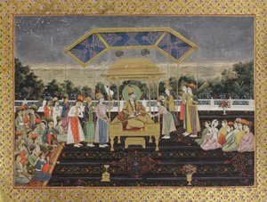 Nadir Shah op de pauwentroon na zijn overwinning op Muhammad Shah, c.1850 door Indian School
