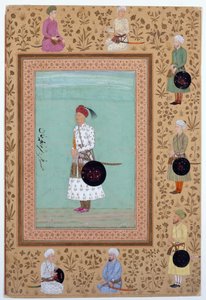 Portret van de hoveling Khosrow, zoon van Nasr Muhammad Khan, ca. 1650-60 (inkt, aquarel  goud op papier) door Indian School