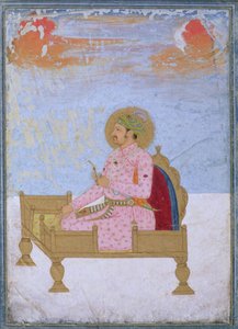 Portret van de Keizer Jahangir (1569-1627) zittend op een troon met een sarapesh, Mughal, c.1720-40 door Indian School