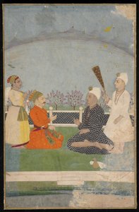 Prins bezoekt een heilige man, los albumfolio met schilderij, midden 18e eeuw door Indian School