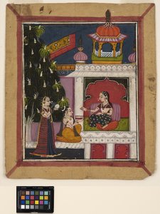 ? Raga: Een knielende man biedt een boek aan een dame in een paviljoen, ca. 1800