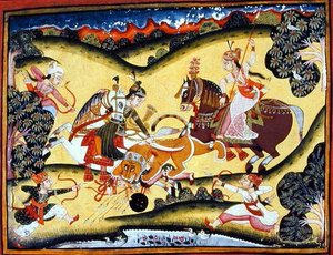 Rajput-prinsessen die een leeuw doden, Bundi School, c.1810-20 door Indian School