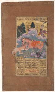 Rakhsh vecht tegen de leeuw om Rustam te beschermen, c.1610 door Indian School
