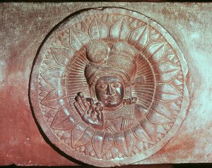 Reliëf dat een lotusbloem met het hoofd van een man uitbeeldt, uit een boeddhistische stupa uit Bharhut, Madhya Pradesh, Late Mauryan Periode, Sunga Dynastie