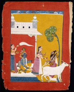 Rukmini biedt water aan de wijze Narada terwijl haar echtgenoot Krishna in haar huis zit, ca. 1725-1730 door Indian School