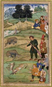 Salim, met zijn geweer, wijst naar een dode nilgai, c.1600 door Indian School