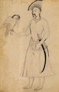 Shah Abbas I van Perzië (1588-1629) met een valk, naar een origineel uit het begin van de 17e eeuw, Mughal (penseeltekening op papier)