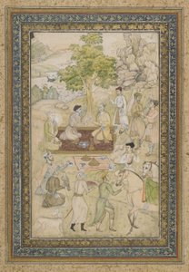 Sultan Murad en Sultan Daniyal op een picknick, los albumblad met schilderij, ca. 1900 door Indian School