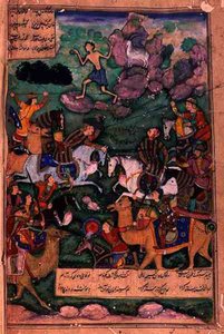 De Slag der Clans, folio 15b uit het gedicht Layla en Majnun, geschreven door Amir Khusrau Dihlavi (1253-1325) gebaseerd op het verhaal uit de Khamsa (Quintet) door Nizami, Mughal, 1600