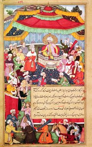 De koning op zijn troon omringd door zijn hovelingen, uit de Baburnama (Herinneringen van Babur) 1530 door Indian School