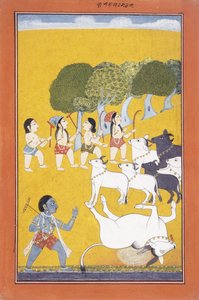 De jonge Krishna doodt de demon Vatsasura, die kwam in de gedaante van een kalf, ca. 1730-1740 door Indian School