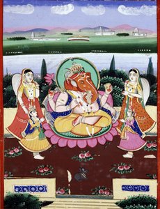De godheid Ganesha, dochter van Shiva en Parvati. Indiase populaire prent uit de 19e eeuw door Indian School