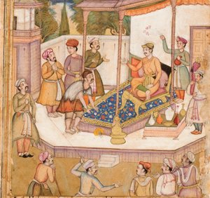 De raja wiens gast hem dagelijks om 500 dinars vroeg, c.1585 door Indian School