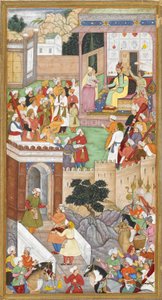 De jonge Akbar wordt voorgesteld aan Humayun (Mogolkeizer van India) in Kabul door Indian School