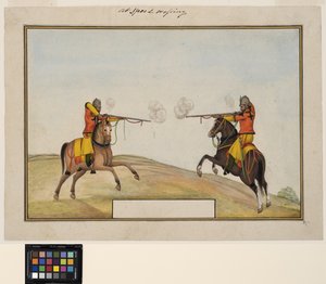 Twee bereden soldaten wisselen geweervuur uit, c.1830 door Indian School