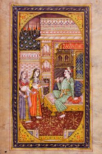 Twee dienstmeisjes serveren verfrissingen aan een edelman in een rijkelijk versierde kamer, Rajasthani miniatuurschilderij door Indian School