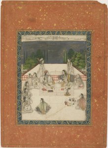 Twee vrouwen zittend op een terras, omringd door bedienden en muzikanten, ca. 1650 door Indian School