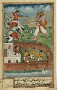 Een demon valt een fort aan verdedigd door Europese soldaten door Indian School