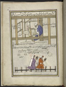 Wever aan een weefgetouw die grof doek maakt (patu); vrouwen die kettingdraden spannen, 86 tekeningen gebonden in een volume die ambachten en beroepen in Kasjmir weergeven, Ambachtslieden worden getoond aan het werk met hun gereedschap en uitrusting, Door  door Indian School