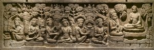 Arada Kalama geeft zijn onderricht aan de toekomstige Boeddha. Indonesië, Java, Borobudur. Eind 19e eeuw
