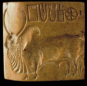 Zebu stier zegel met Indus schrift gevonden in Mohenjo Daro, Indusvallei, 3e millennium v.Chr.