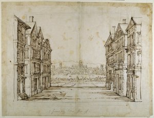 Engelse huizen met Londen en de Theems in de verte door Inigo Jones