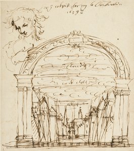 Scène uit een niet-geïdentificeerd toneelstuk in de Cockpit-in-Court door Inigo Jones