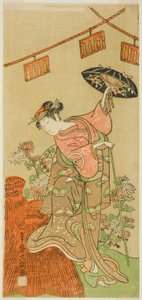 De Acteur Iwai Hanshiro IV als Otatsu-gitsune in het stuk Nue no Mori Ichiyo no Mato, uitgevoerd in het Nakamura Theater in de elfde maand, 1770 door Ippitsusai Bunchō