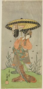 De acteur Yamashita Kinsaku II als Nijo no Kisaki (?) in het stuk Natsu Matsuri Naniwa Kagami (?), uitgevoerd in het Morita Theater (?) in de zevende maand, 1770 (?)