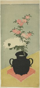 Witte chrysanten en anjers in een zwarte vaas door Ippitsusai Bunchō