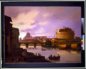 Uitzicht op Castel Sant Angelo vanaf de Tiber met St. Pieter op de achtergrond, uitzicht op het Colosseum door Ippolito Caffi