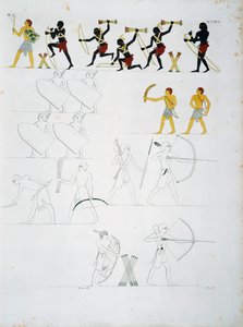 Militaire scènes, soldaten met bogen en pijlen, uit de graven van Beni Hasan, Plaat CXVIII, uit monumenten van Egypte en Nubië: civiele monumenten door Ippolito Rosellini