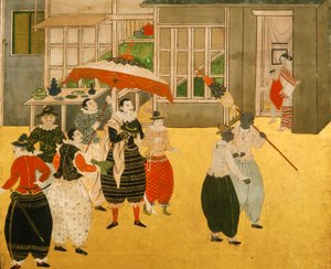 Details van het Namban byobu-scherm dat Portugese handelaren toont die Japan bezoeken tijdens de Momoyama-periode, 2005 (foto)