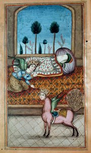 MS. Nezami, Lailah en de aartsengel Gabriël verschijnen aan de slapende profeet en Al-Baruq, uit het epische gedicht van Nezami