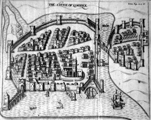 17e-eeuws plan van de stad Limerick, Ierland door Irish School