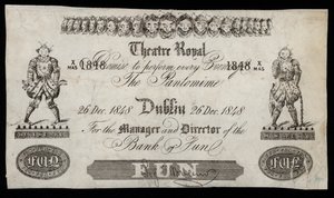 Advertentie voor een pantomime in het Theatre Royal, Dublin, gebaseerd op een bankbiljet van de Bank of Ireland door Irish School