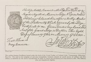 Facsimile van het oudste bekende certificaat uitgegeven onder het zegel van de Grand Lodge van Ierland, gedateerd 1762 door Irish School