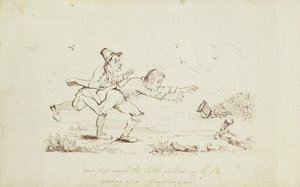 Over Pop Ging de Kleine Kerel met de Sprong van een Sprinkhaan, boekillustratie die Twee Ieren Achtervolgen een Leprechaun toont, 19e eeuw