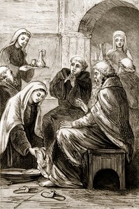St. Brigit ontvangt een bisschop, uit The Trias Thaumaturga, of Three Wonder-Working Saints of Ireland, door Mary Cusack, gepubliceerd ca. 1890s door Irish School