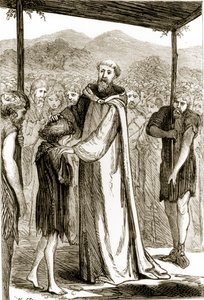 St. Columba zegent een wilde jongen, uit The Trias Thaumaturga, of Three Wonder-Working Saints of Ireland, door Mary Cusack, gepubliceerd ca. 1890s door Irish School