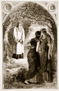 St. Patrick ontmoet maagden in het bos van Fochlut, uit The Trias Thaumaturga, of Three Wonder-Working Saints of Ireland, door Mary Cusack, gepubliceerd ca. 1890s door Irish School